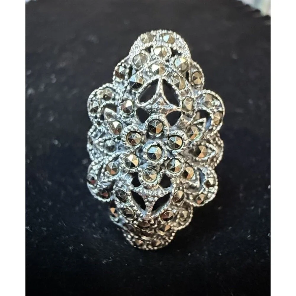 Vintage 925 Sterling Silver Marcasite Floral Ring Size 6